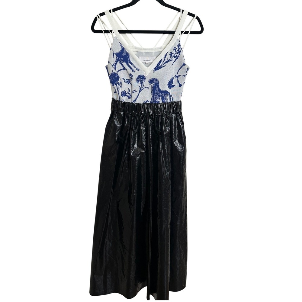 AKIRANAKA NWT Blue Floral Knit & Shiny Black Combi‎ Dress Sz 1 Small AR2341-BLWH